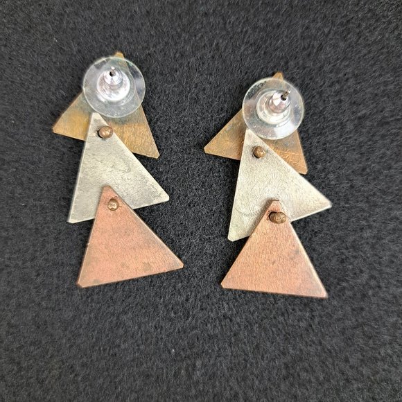 Vintage Mixed Metal Necklace & Earrings Triangle Shape Metal Pieces - Picture 11 of 16